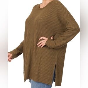 Zenana Outfitters Brown Long Sleeve Hi-Low Waffle Knit Sweater Tunic sz XL